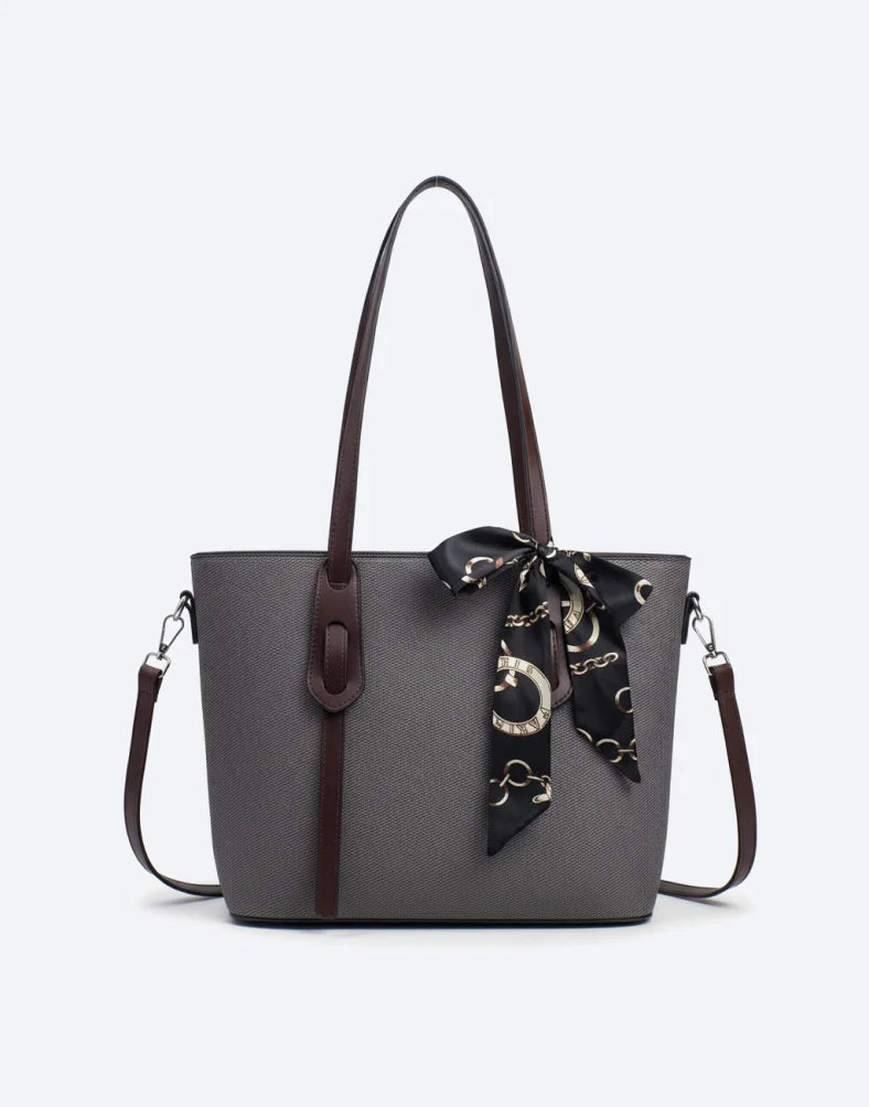 Liora Camellia Large Grey & Brown Tote Bag with Scarf