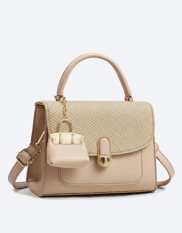 Liora Camellia Beige Medium Satchel Bag with Woven Flap & Mini Charm