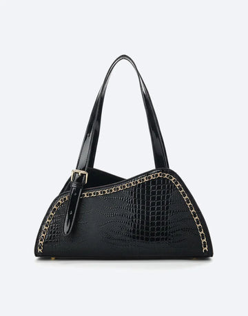 Liora Cleo Medium Glossy Black Croc Shoulder Bag