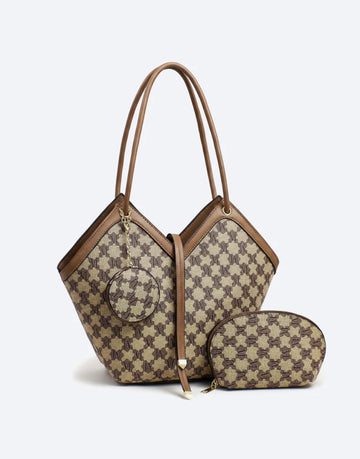 Liora Valencia Brown Monogram Large Tote Bag with Pouches