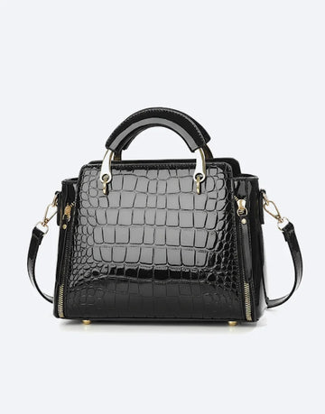 Liora Cleo Black Medium Satchel Tote Bag with Croc-Embossed Glossy Finish
