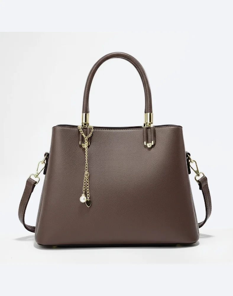 Liora Camellia Coffee Brown Medium Satchel Tote Bag with Charm