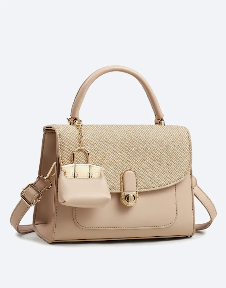 Liora Camellia Beige Medium Satchel Bag with Woven Flap & Mini Charm