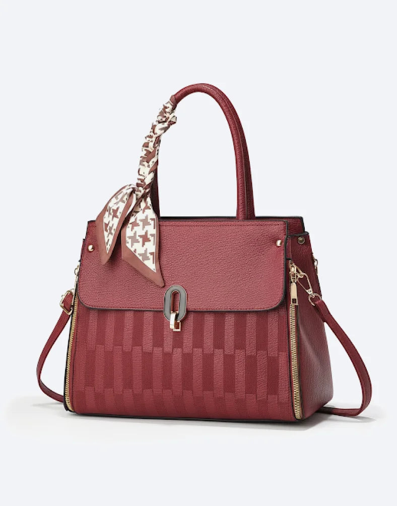 Liora Camellia crimson Medium Satchel  Bag with Scarf Handle Accent