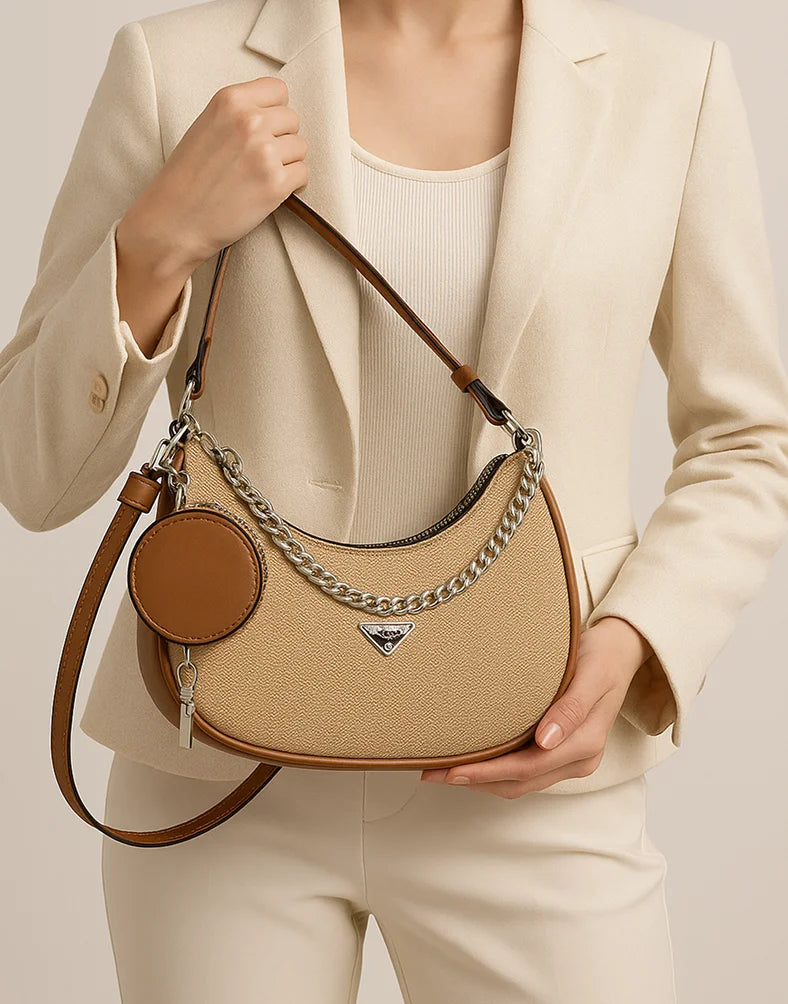 Liora Lyra Medium Beige Hobo Sling Bag with Chain & Pouch