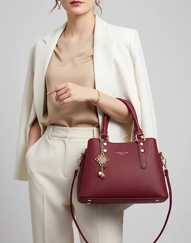 Liora Lyra crimson Medium Satchel Tote Bag with Chain Charm