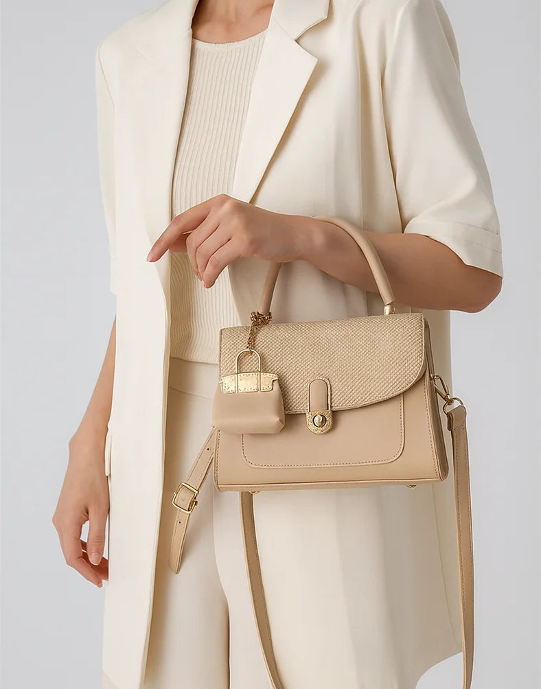 Liora Camellia Beige Medium Satchel Bag with Woven Flap & Mini Charm