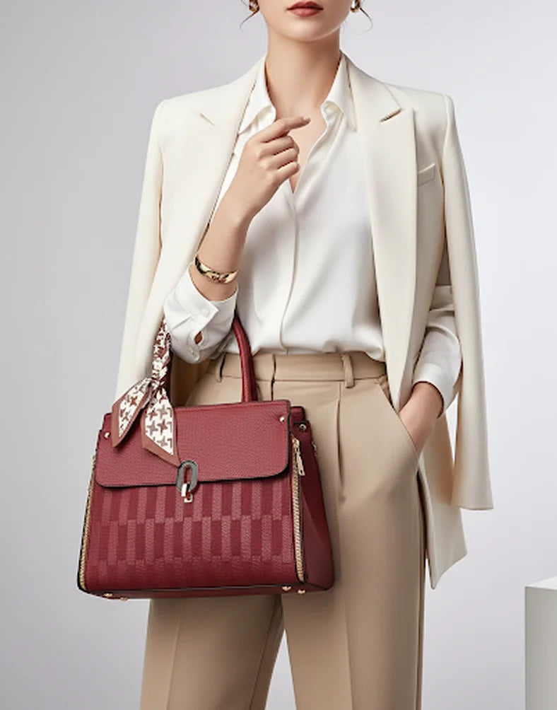Liora Camellia crimson Medium Satchel  Bag with Scarf Handle Accent