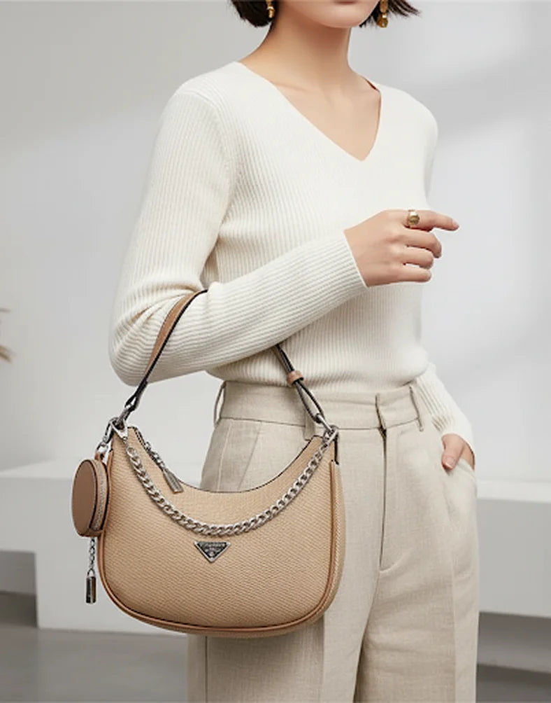 Liora Lyra Medium Beige Hobo Sling Bag with Chain & Pouch