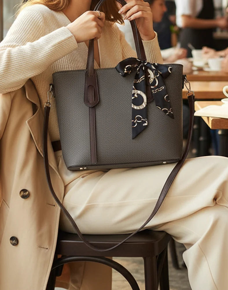 Liora Camellia Large Grey & Brown Tote Bag with Scarf