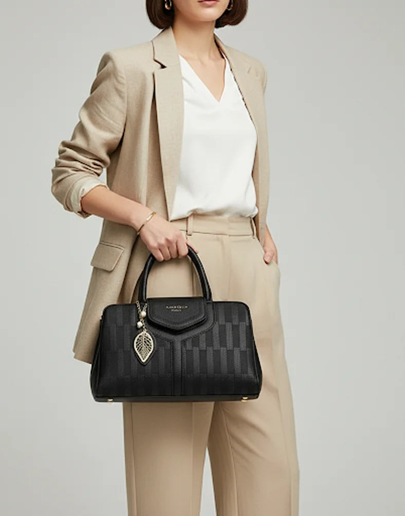 Liora Camellia Black Medium Top Handle Satchel Bag