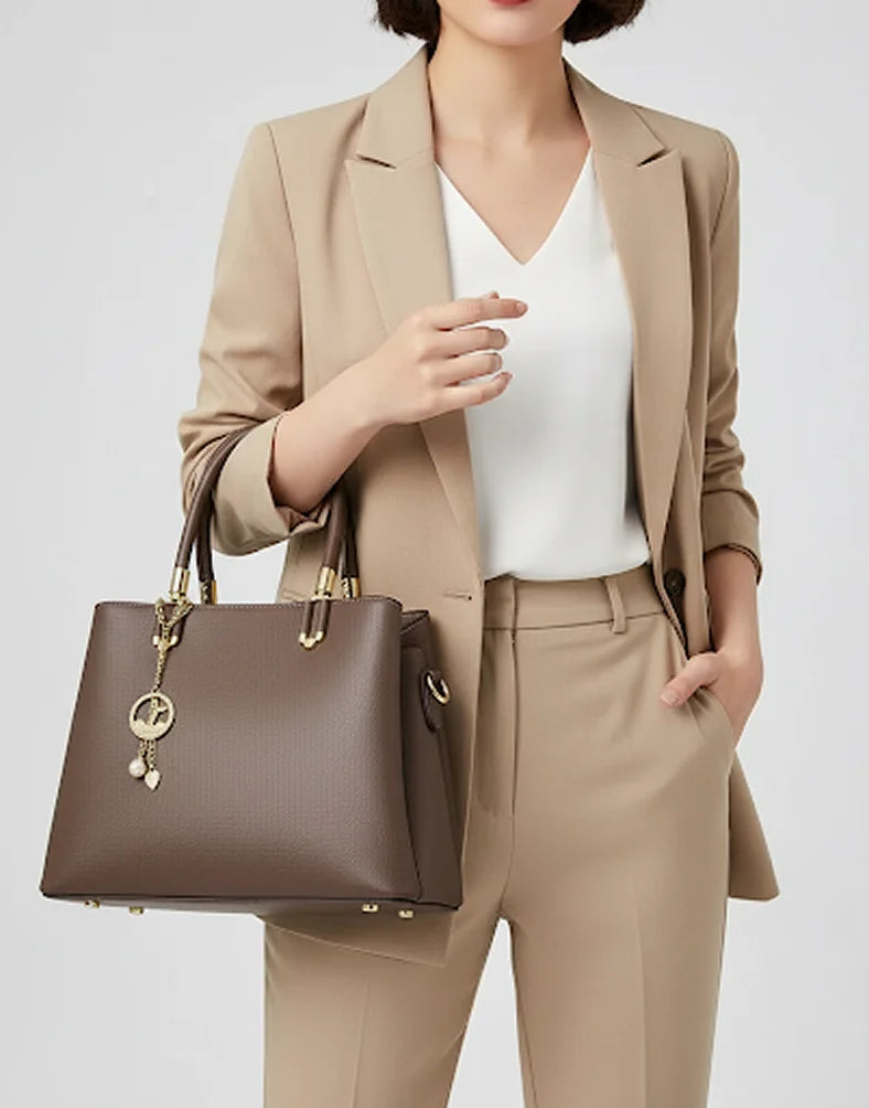 Liora Camellia Coffee Brown Medium Satchel Tote Bag with Charm