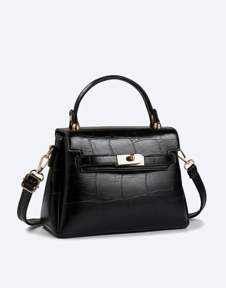 Liora Cleo Black Croc-Embossed Small Top Handle Satchel Bag