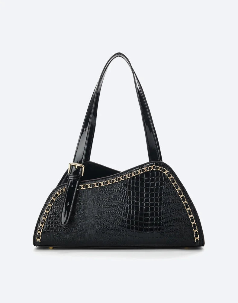 Liora Cleo Medium Glossy Black Croc Shoulder Bag