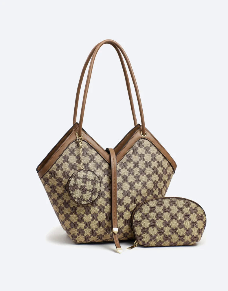 Liora Valencia Brown Monogram Large Tote Bag with Pouches