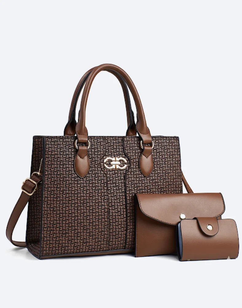 Liora Valencia Large Brown Geometric Tote Bag with Wallet Set