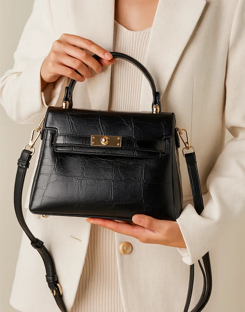 Liora Cleo Black Croc-Embossed Small Top Handle Satchel Bag