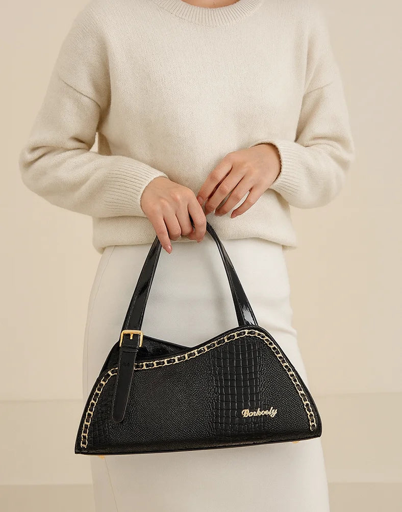 Liora Cleo Medium Glossy Black Croc Shoulder Bag