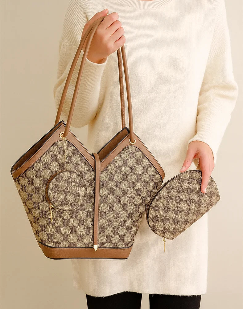 Liora Valencia Brown Monogram Large Tote Bag with Pouches