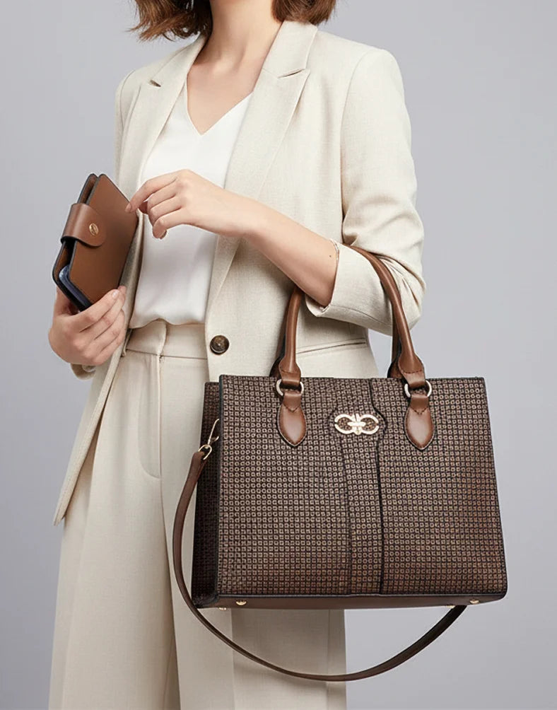 Liora Valencia Large Brown Geometric Tote Bag with Wallet Set