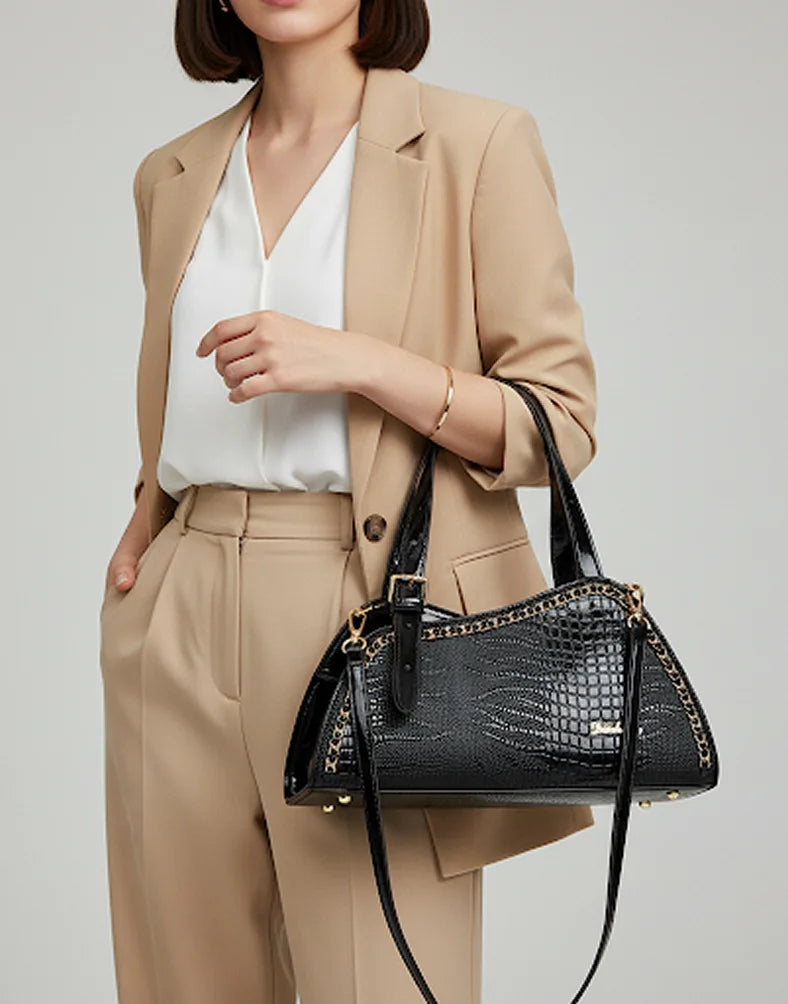 Liora Cleo Medium Glossy Black Croc Shoulder Bag