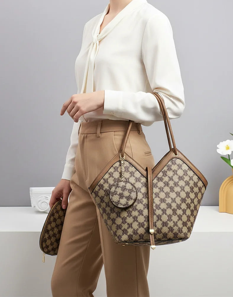 Liora Valencia Brown Monogram Large Tote Bag with Pouches