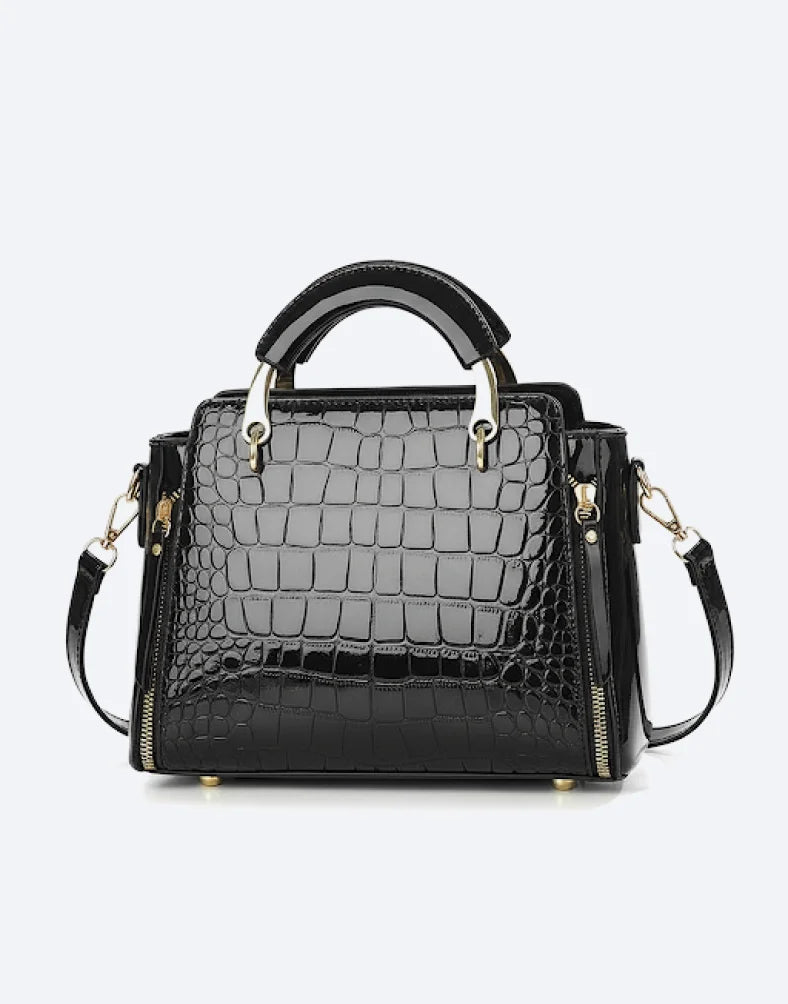 Liora Cleo Black Medium Satchel Tote Bag with Croc-Embossed Glossy Finish